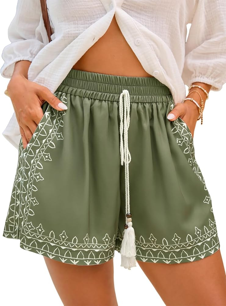CUPSHE Women\u2019s Floral Shorts Smocked Waist Drawstring Tassel Summer Casual Pockets Bottom | Amazon (US)