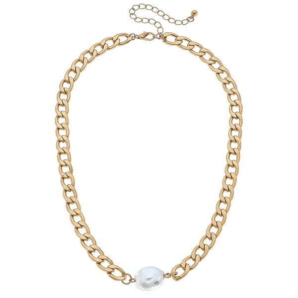Maggie Baroque Pearl & Curb Chain Necklace in Worn Gold | CANVAS