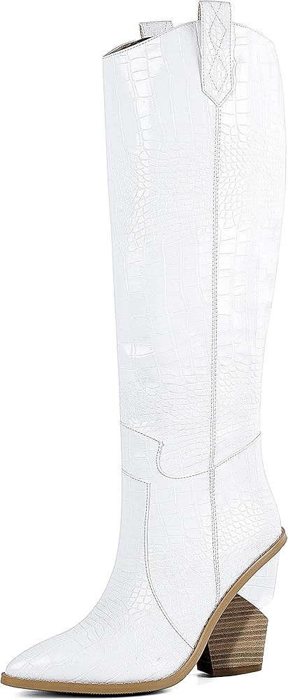 SOPHITINA White Cowgirl Boots Womens Knee High Western White Boots Almond Round Toe Stacked Chunk... | Amazon (US)