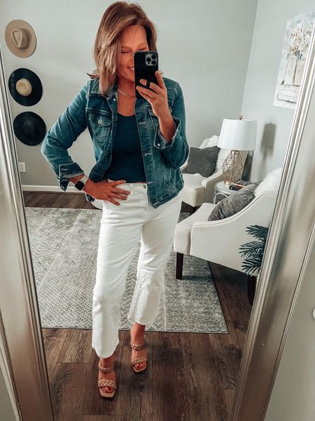White jean straight ankle pants on sale from Gap Factory. Styled with a ling cropped racerback tee from Amazon, denim jacket 

White jeans, summer outfit, spring outfit, sale, jeans, sandals, amazon fashion, Amazon finds, best sellers 

#LTKstyletip #LTKunder50 #LTKsalealert