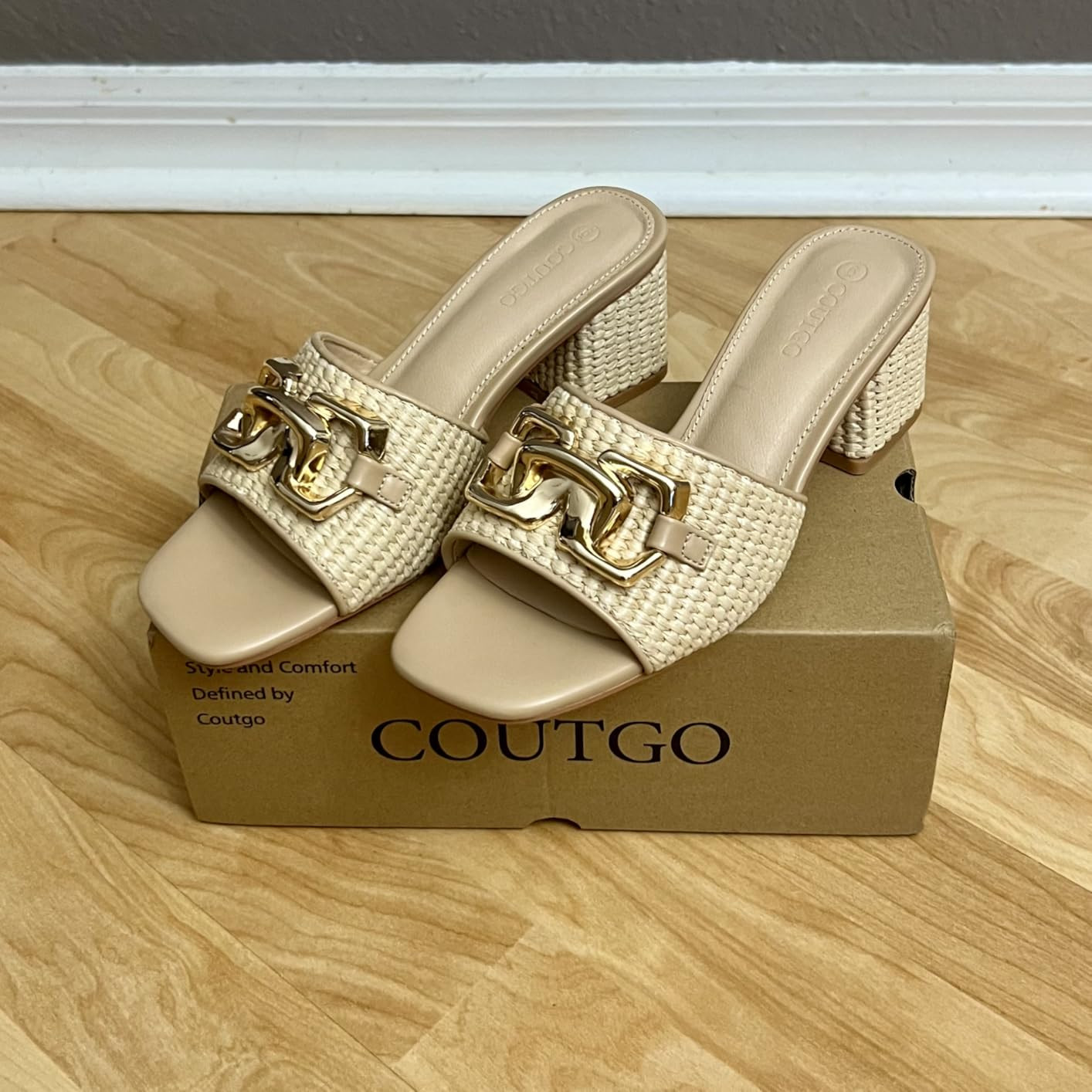 Coutgo Womens Raffia Slide Sandals Chunky Block Heeled Square Open Toe Metal Chain Slip on Mules ... | Amazon (US)