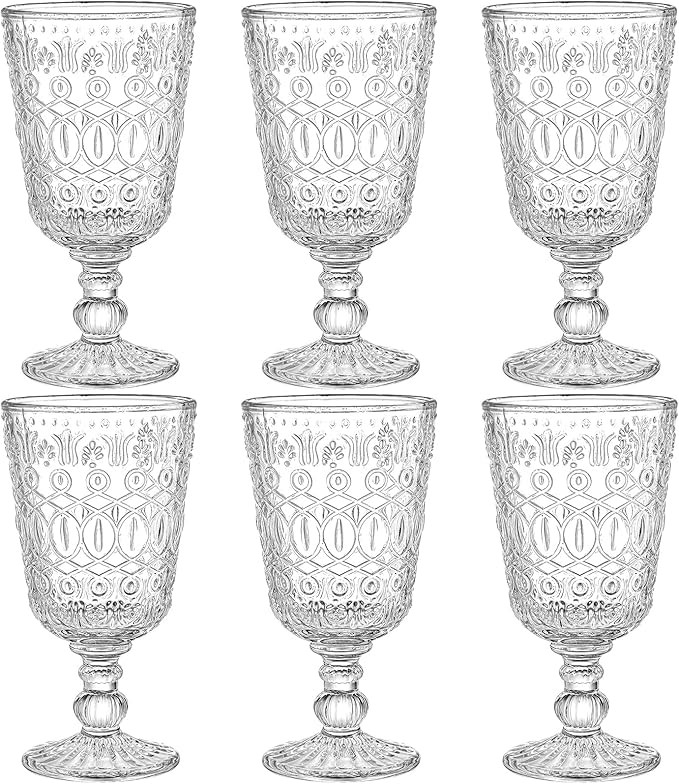 SOUJOY Set of 6 Vintage Wine Glasses, 10oz Clear Glass Goblet, Handmade Pressed Water Drinking Cu... | Amazon (US)