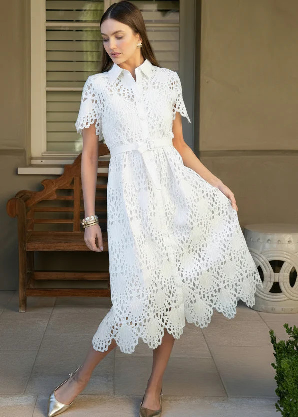 Robin Belted Short Sleeve Lace Midi Dress - White | Benaar La