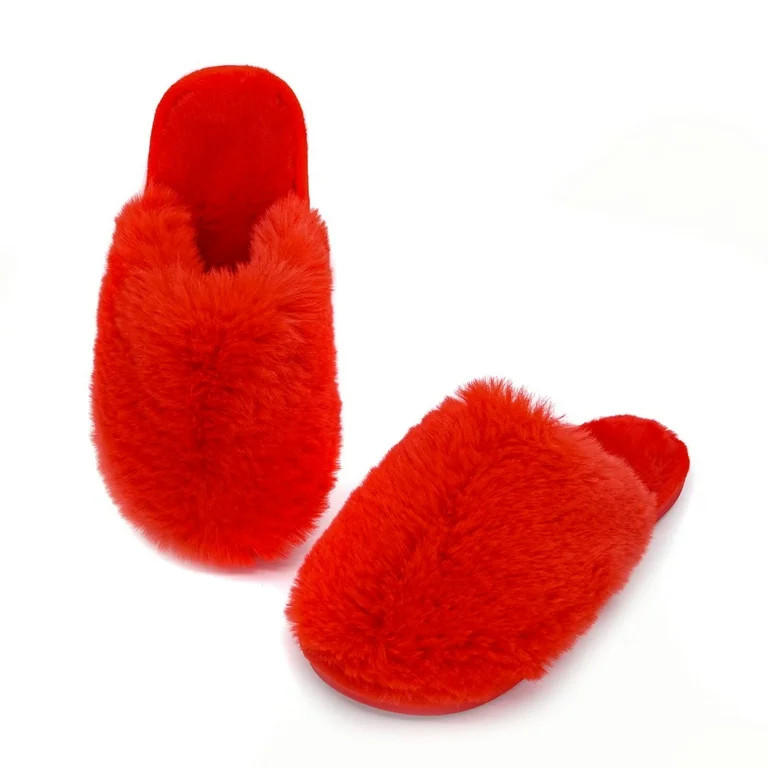 Onmygogo Women's Fluffy House Slippers, Faux Fur Memory Foam Winter Slippers, Slip-On Warm Slippe... | Walmart (US)