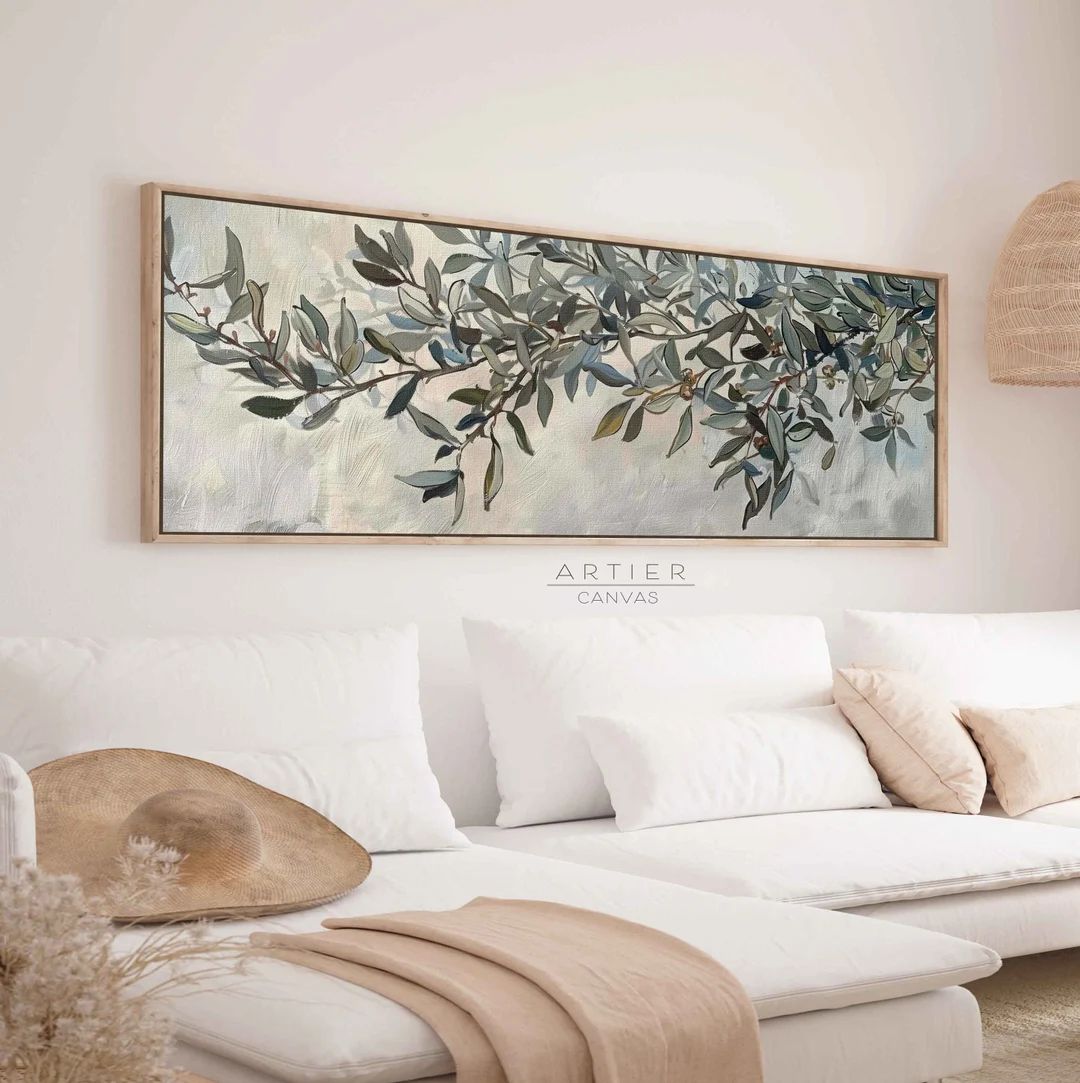 Olive Tree Framed Canvas Wall Art Print, Long Horizontal Olive Branch Canvas Print, Green Minimal... | Etsy (US)