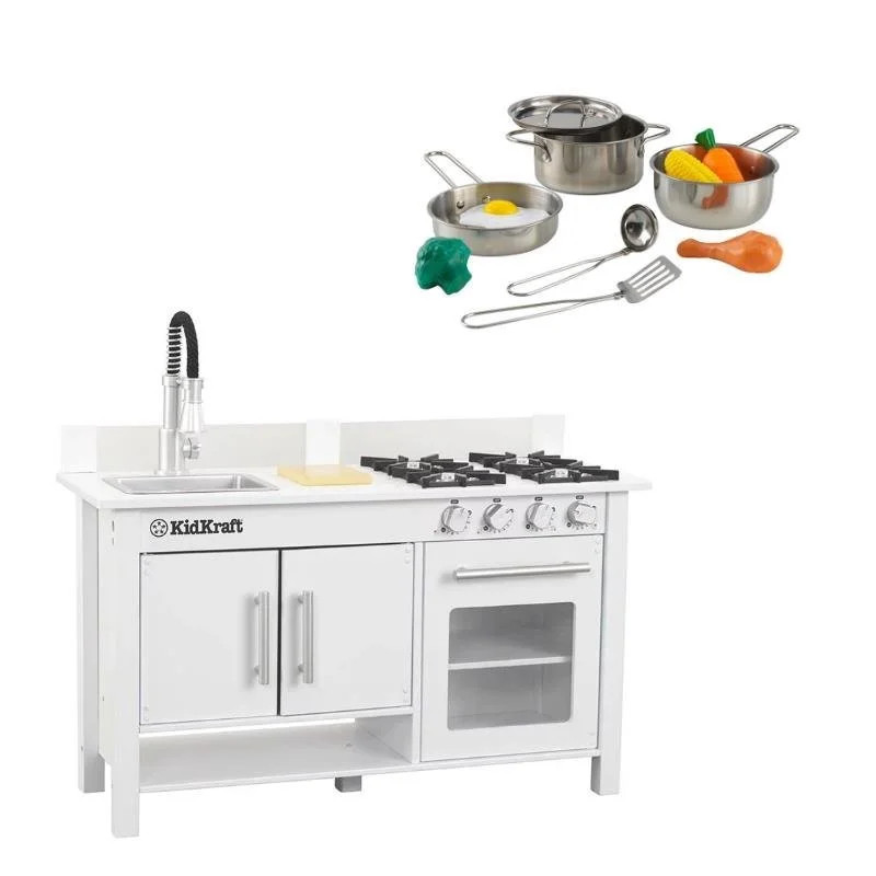 Complete Modern Kids Play Kitchen Set with Toy Cookware Set in White - Walmart.com | Walmart (US)
