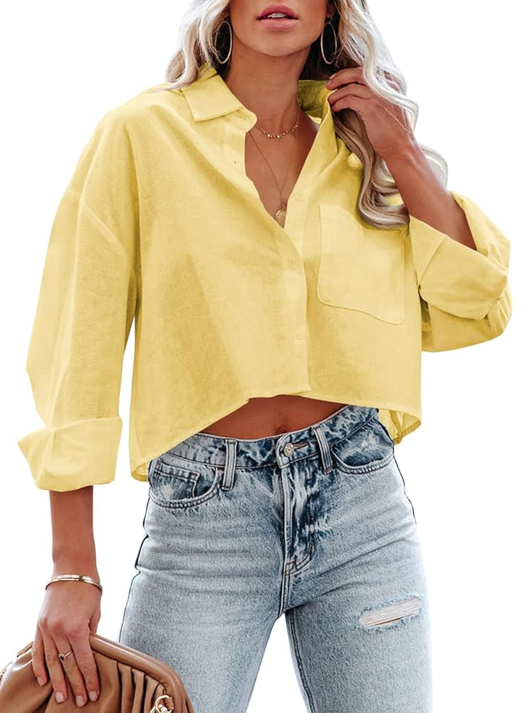 Tankaneo Womens Button Down Cropped Shirts Long Sleeve Casual Crop Tops Solid Lapel Blouse Shirt ... | Amazon (US)