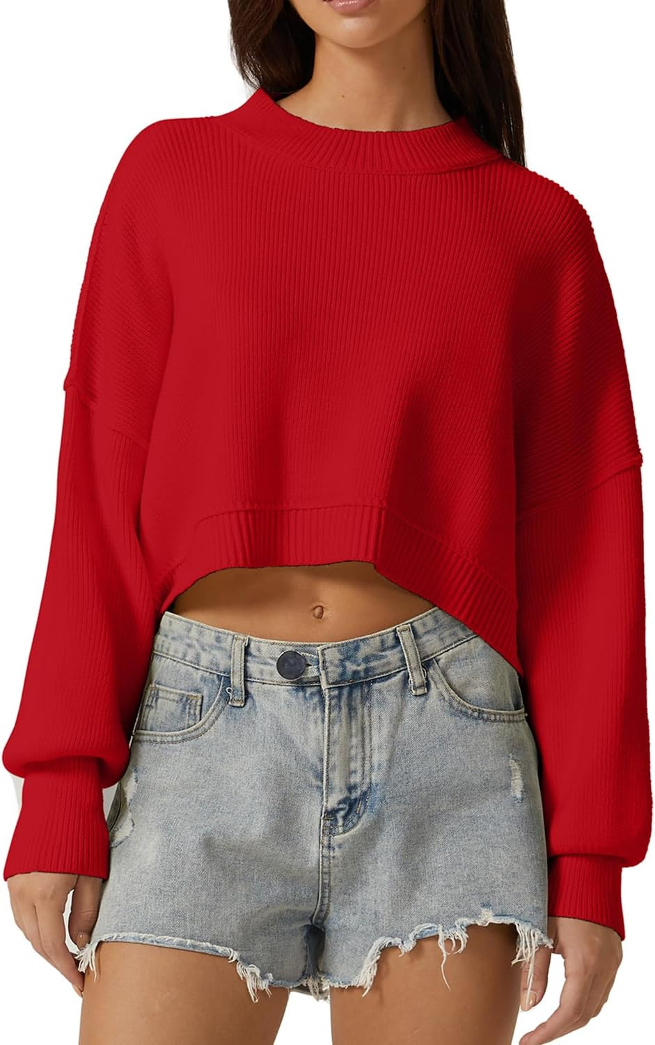 QINSEN Women's Mock Neck Cropped Sweater Long Sleeve Drop Shouler Oversized Knit Pullover Tops | Amazon (US)