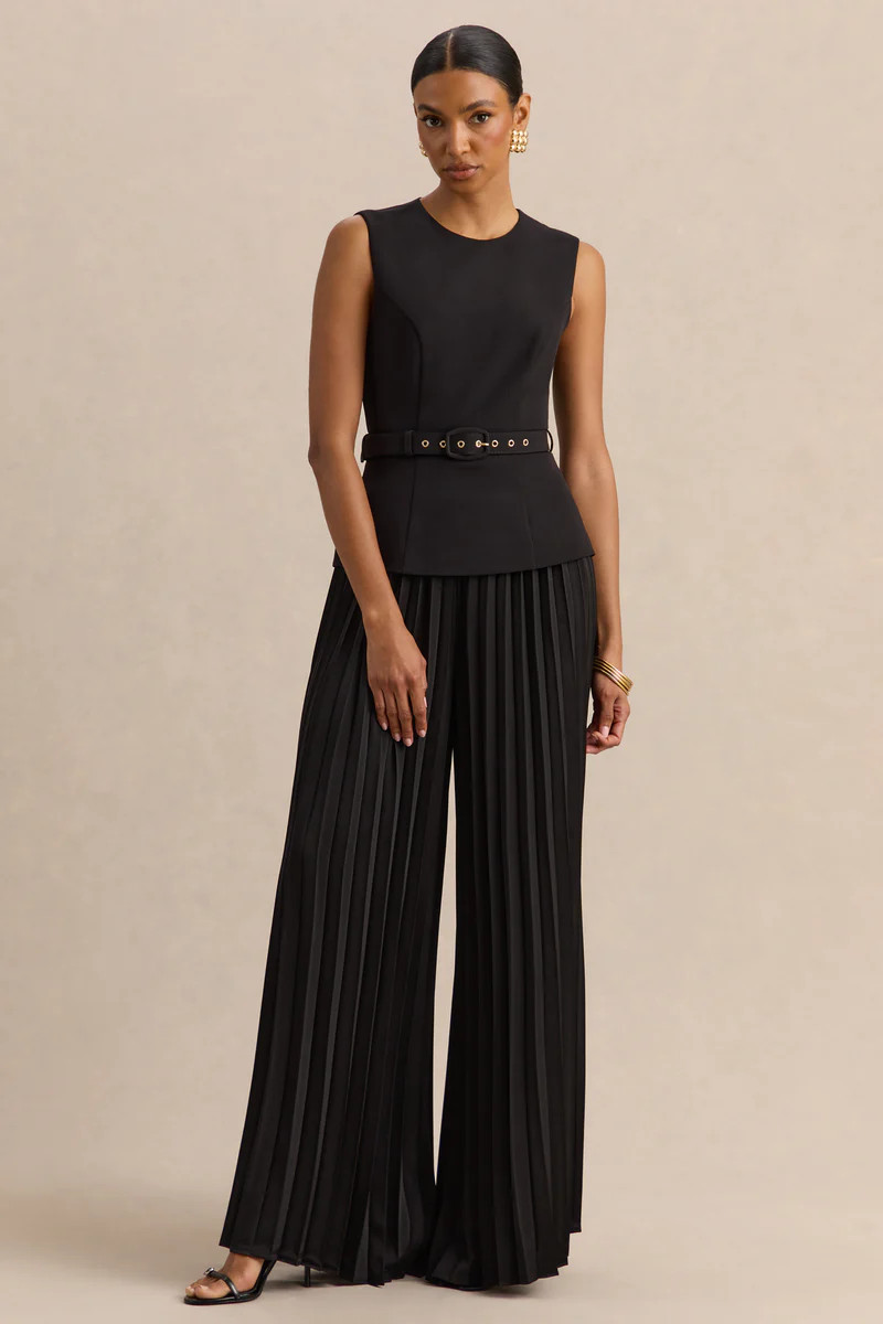Lerenza  Black Satin Wide-Leg Pleated Trousers | Club L London