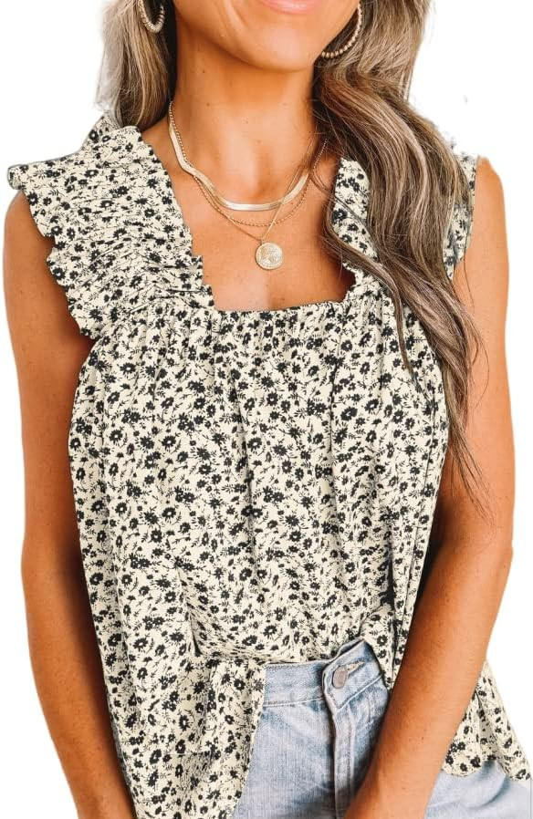 PRETTYGARDEN Boho Floral Tank Tops for Women, Shirred Straps Pleated Summer Casual Sleeveless Shi... | Amazon (US)