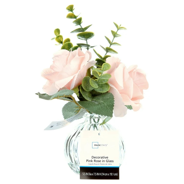 Mainstays 8" Tabletop Faux Rose Floral Arrangement in Clear Glass Bud Vase | Walmart (US)