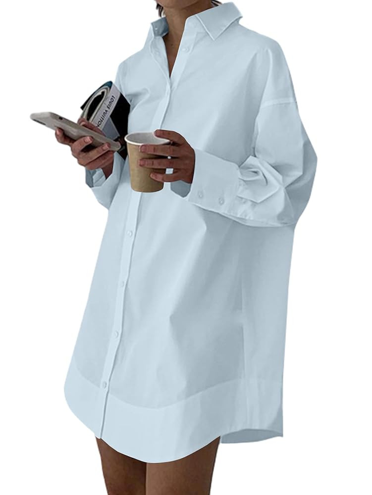 LYANER Women's Casual Shirt Dress Collar V Neck Button Down Loose Long Sleeve Mini Dresses | Amazon (US)