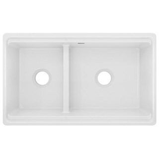 Fireclay 33 in. Farmhouse/Apron-Front Offset 60/40 Double Bowl White Fireclay Kitchen Workstation Sink Only | The Home Depot