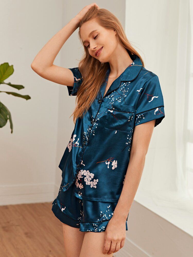 Floral Print Lapel Neck Satin PJ Set | SHEIN