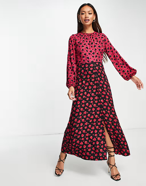 Closet London contrast midi tea dress in plum heart print | ASOS (Global)