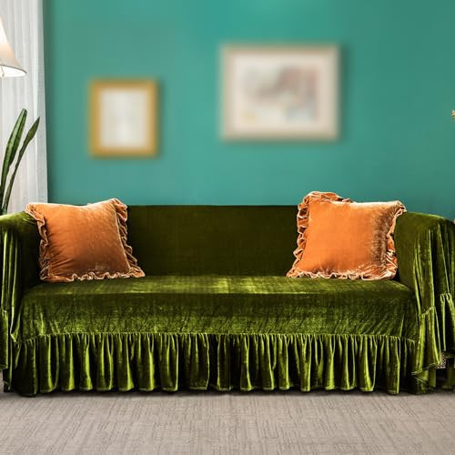 Polyester Sofa Cover Soft Decorative Luxurious Solid Exquisite Ruffle Trim,Retro Farmhouse Vintage Sofa Slipcover Couch Protector for 2-3 Cushion Sofa for Living Room 1PC 71x118 IN Olive Green | Amazon (US)