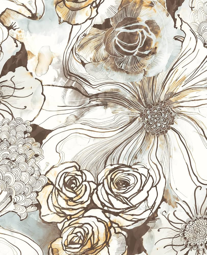 NextWall Harry & Grace Ink Rose Abstract Floral Peel and Stick Wallpaper (Mocha & Blue Mist) | Amazon (US)