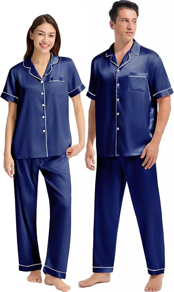 Couples Matching Pajamas Set Silk Satin Short Sleeve Button Down Loungewear with Long Pant | Amazon (US)