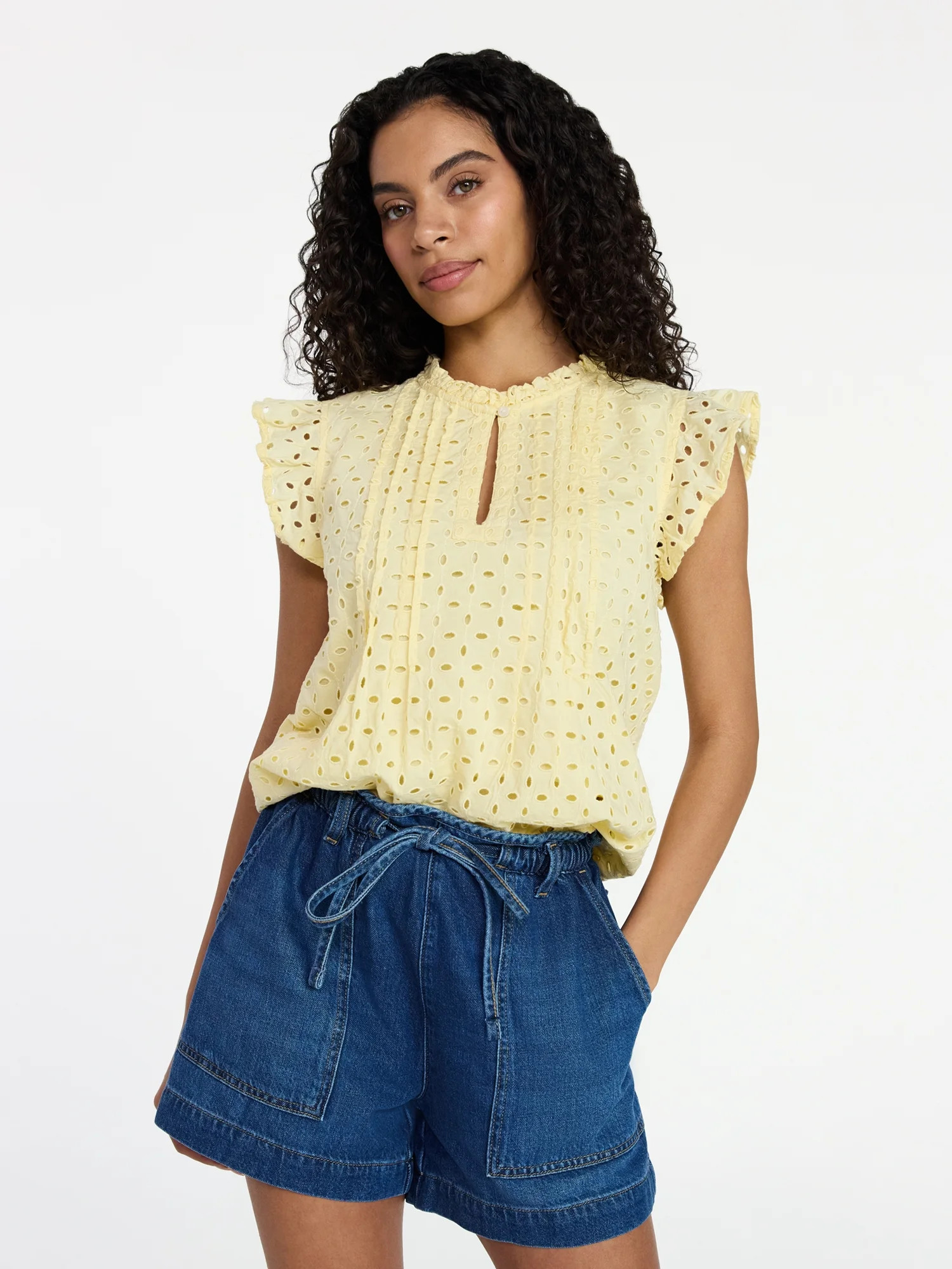 Time and Tru Women's Cotton Eyelet Top with Short Flutter Sleeves, Sizes XS-XXXL | Walmart (US)