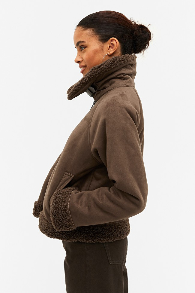 Brown faux suede aviator jacket | Monki
