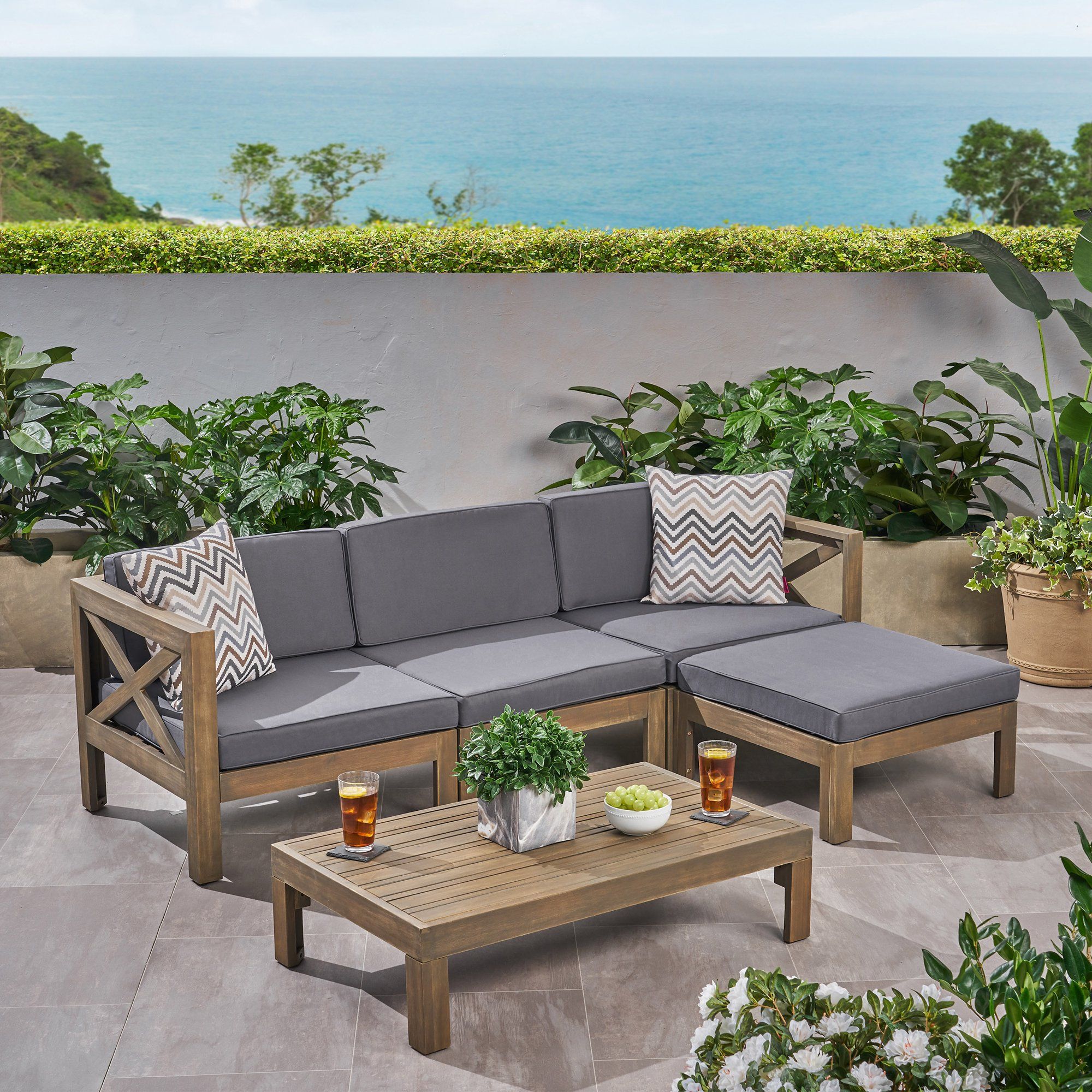 Rayan Outdoor Acacia Wood 5 Piece Sofa Set, Gray and Dark Gray | Walmart (US)