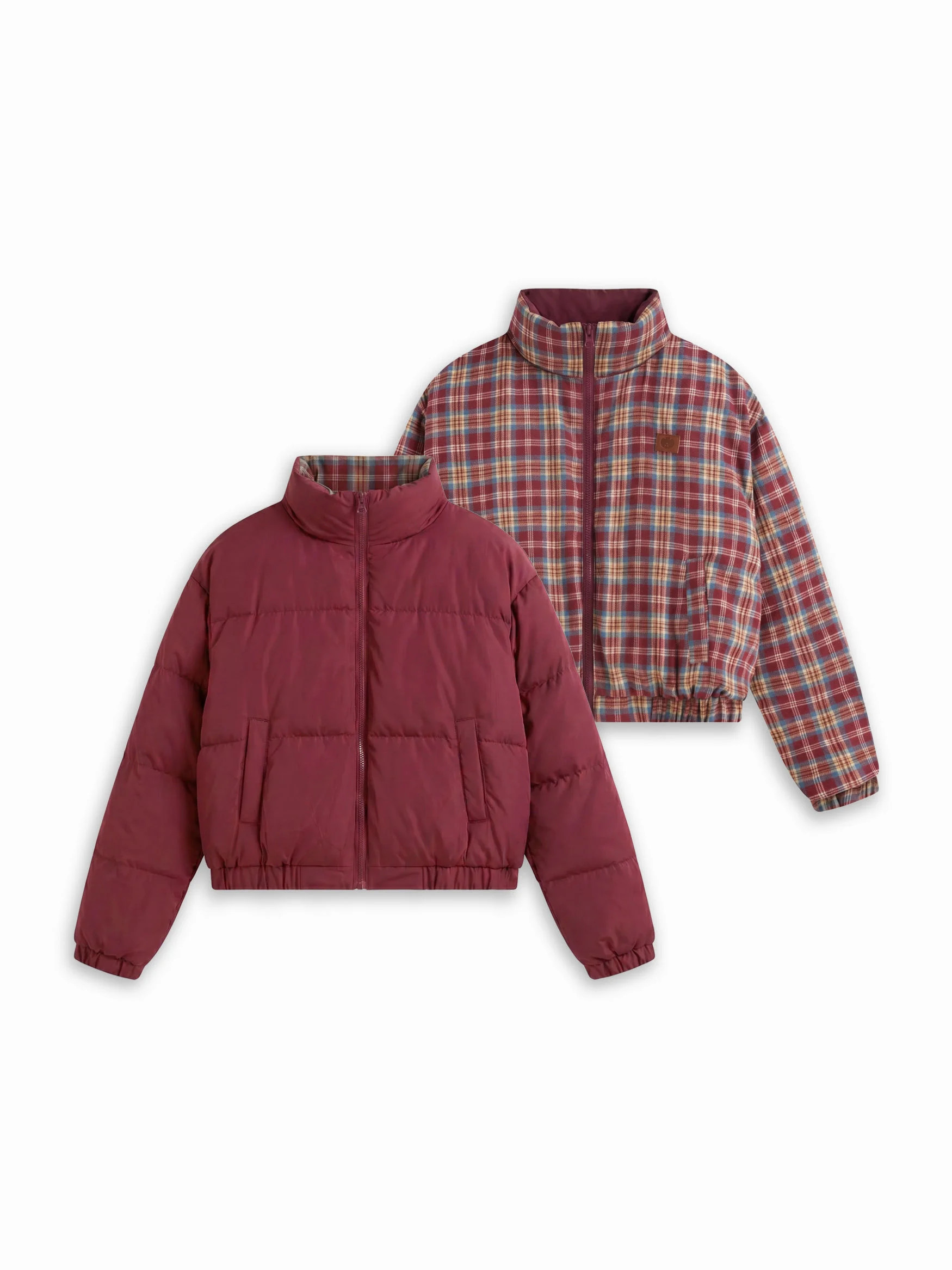 Reversible Cotton-blend Stand Collar Tartan Zip Through Puffer | Cider