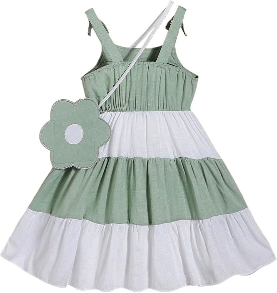 MakeMeChic Girl's Color Block Ruffle Tiered Bow Knot Knee Length A Line Cami Dress with Bag | Amazon (US)