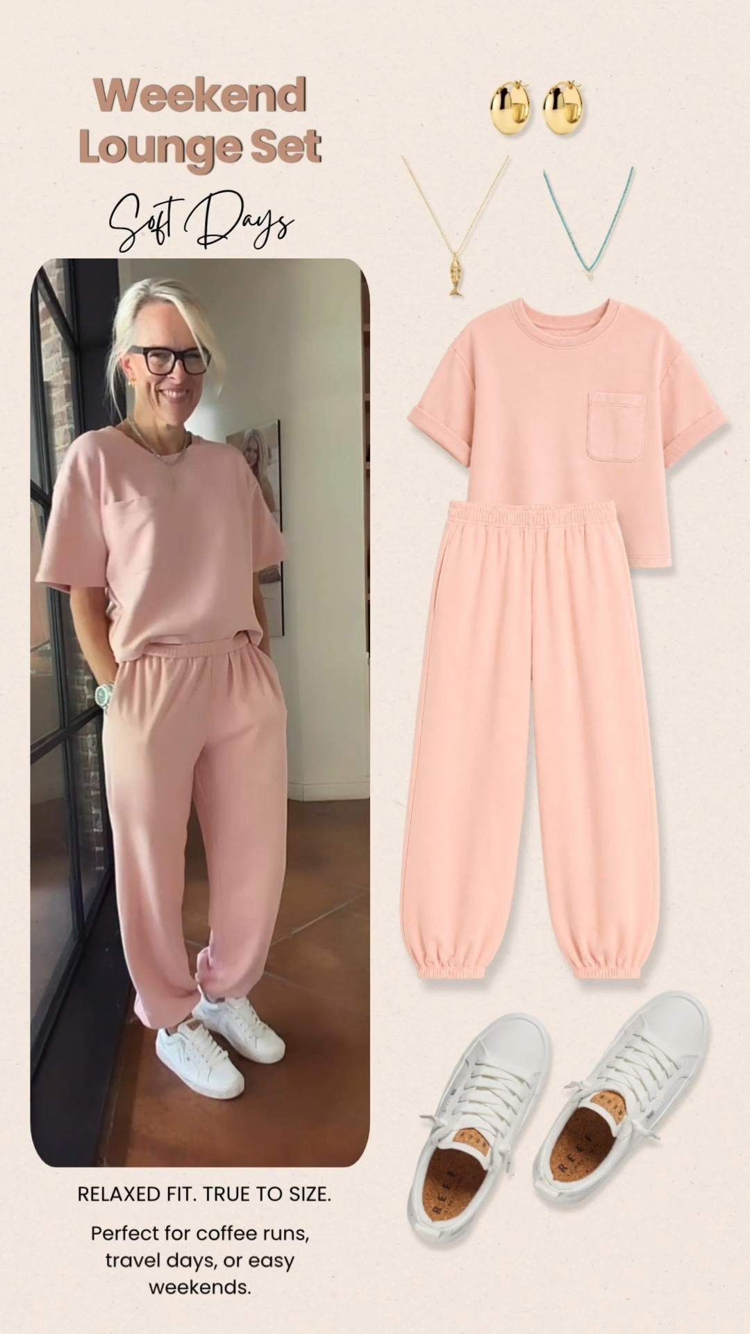This blush lounge set is one of those outfits you’ll reach for again and again. Soft, comfortable, and perfect for coffee runs, travel days, or easy weekends. Pair it with white sneakers and simple gold jewelry for an effortlessly polished look.

💡 LTK MADE EASY
❤️ Heart = Support my posts!
🔖 Save = Get sale & restock alerts
📋 Lists = Keep favorites organized
📲 Share = Send lists and products to a friend. Hello, Christmas List!
💬 Comment = Ask me anything about what I’m wearing. :-)

#LTKootd #LTKOver40