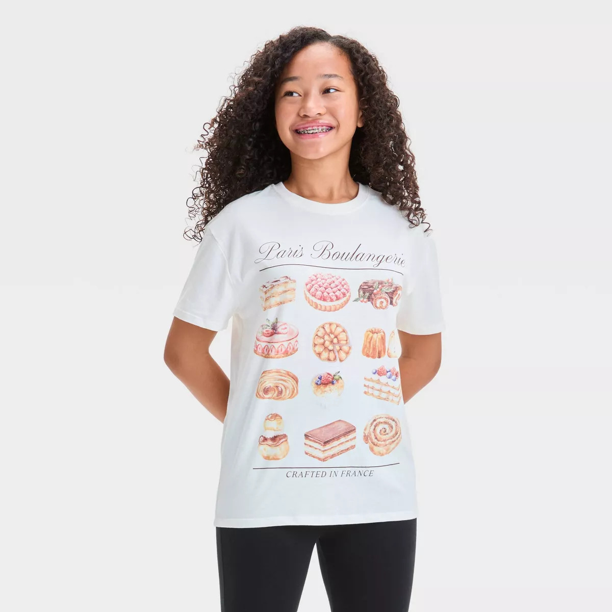 Girls' Paris Boulangerie Oversized Graphic T-Shirt - Tan M: Cotton Blend, Recycled Polyester, Lig... | Target