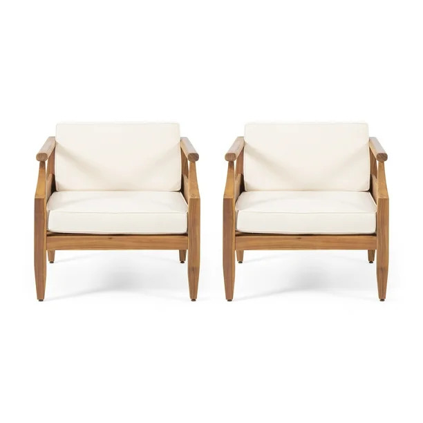 Noble House Sloane Outdoor Mid-Century Modern Acacia Wood Club Chair With Cushion, Set of 2, Teak... | Walmart (US)