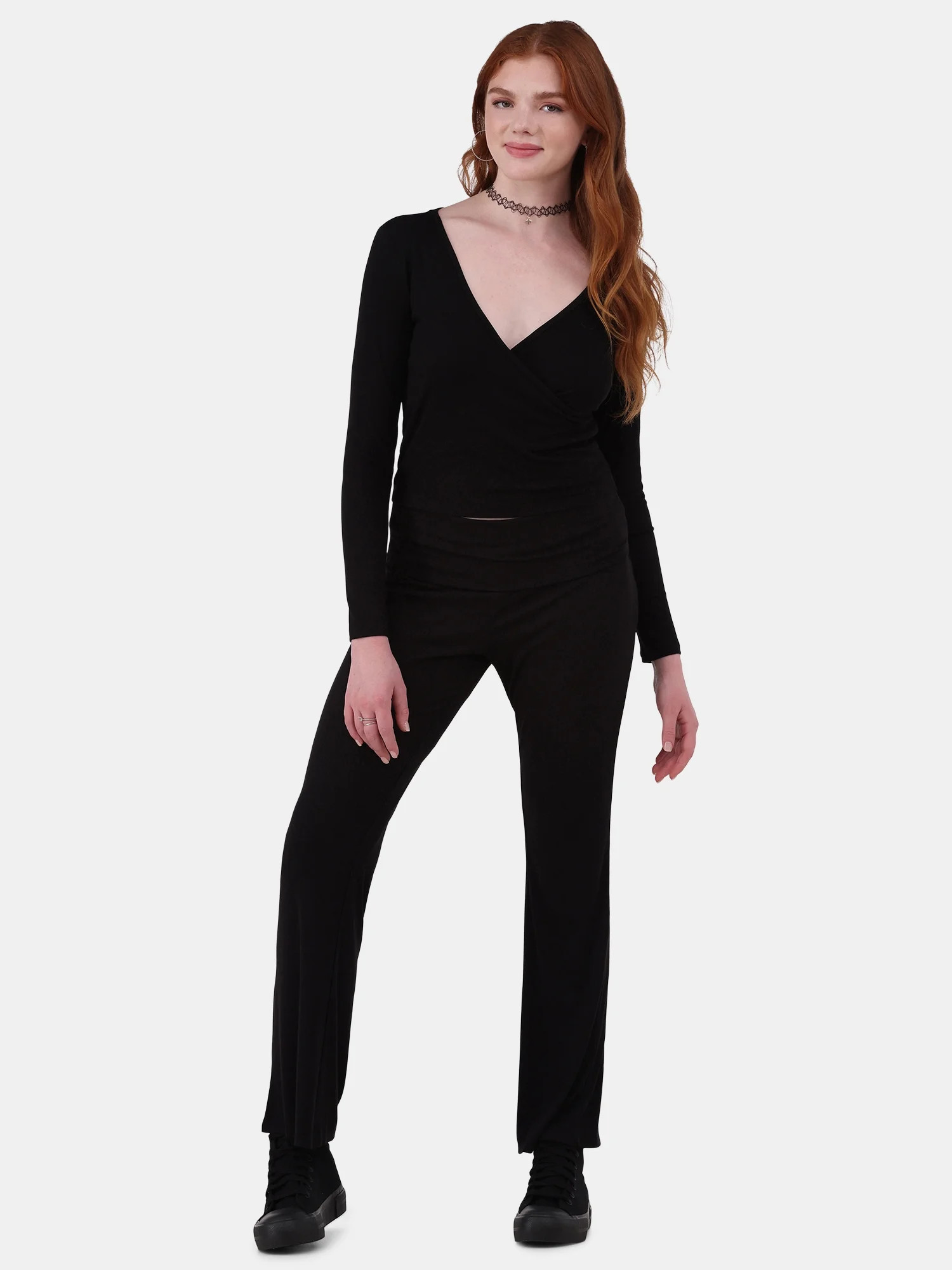 No Boundaries Ribbed Top and Flare Pants Pajama Set, 2-Piece, Women’s and Women’s Plus | Walmart (US)