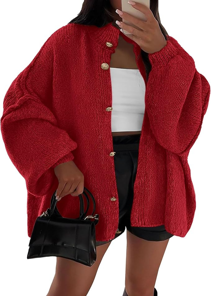 PRETTYGARDEN Women's Winter Button Down Cardigan Sweaters Mock Neck Lantern Long Sleeve Chunky Kn... | Amazon (US)