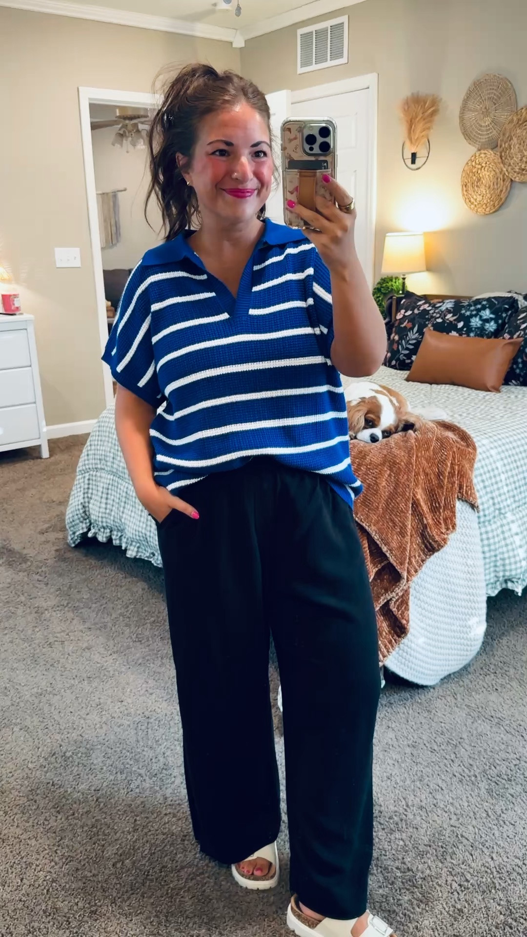A comfy game day look that still feels put together! 💙 This striped top and relaxed black pants are perfect for cheering on your favorite team! 🏈✨


sandals: sold out, but linking similar options below!
pants: fit oversized // wearing a medium short
sweater tee: fits true to size // wearing a large 

 #LTKootd #LTKMidsize #LTKWorkwear