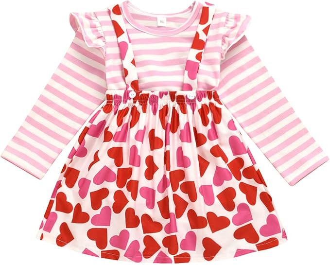 Xfglck Toddler Baby Girls Valentine’s Day Outfit Ruffle Sleeve Stripes Shirt Tops + Suspender S... | Amazon (US)