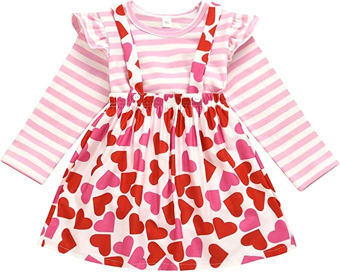 Xfglck Toddler Baby Girls Valentine’s Day Outfit Ruffle Sleeve Stripes Shirt Tops + Suspender S... | Amazon (US)
