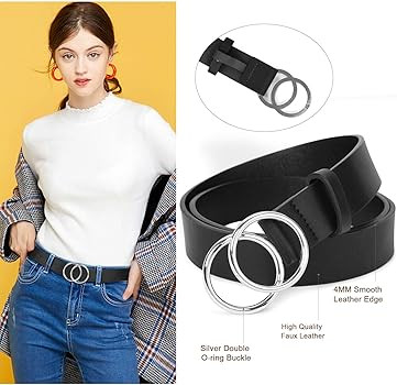 SANSTHS 2 Pack Women Leather Belts Faux Leather Jeans Belt with Double O-Ring Buckle Size up to 5... | Amazon (US)