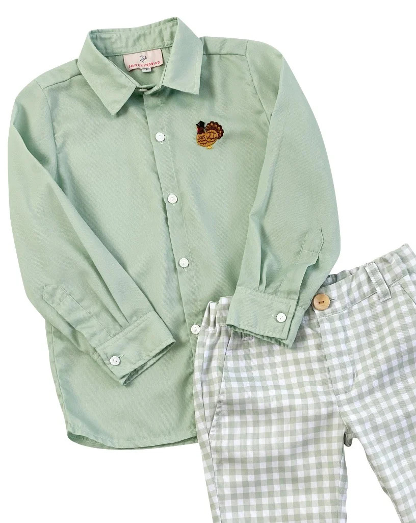 Turkey Embroidered Sage Green Pants Set | Smockingbird Kids