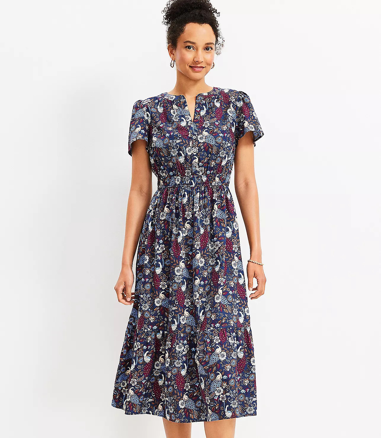 Peacock Smocked Waist Button Midi Dress | LOFT