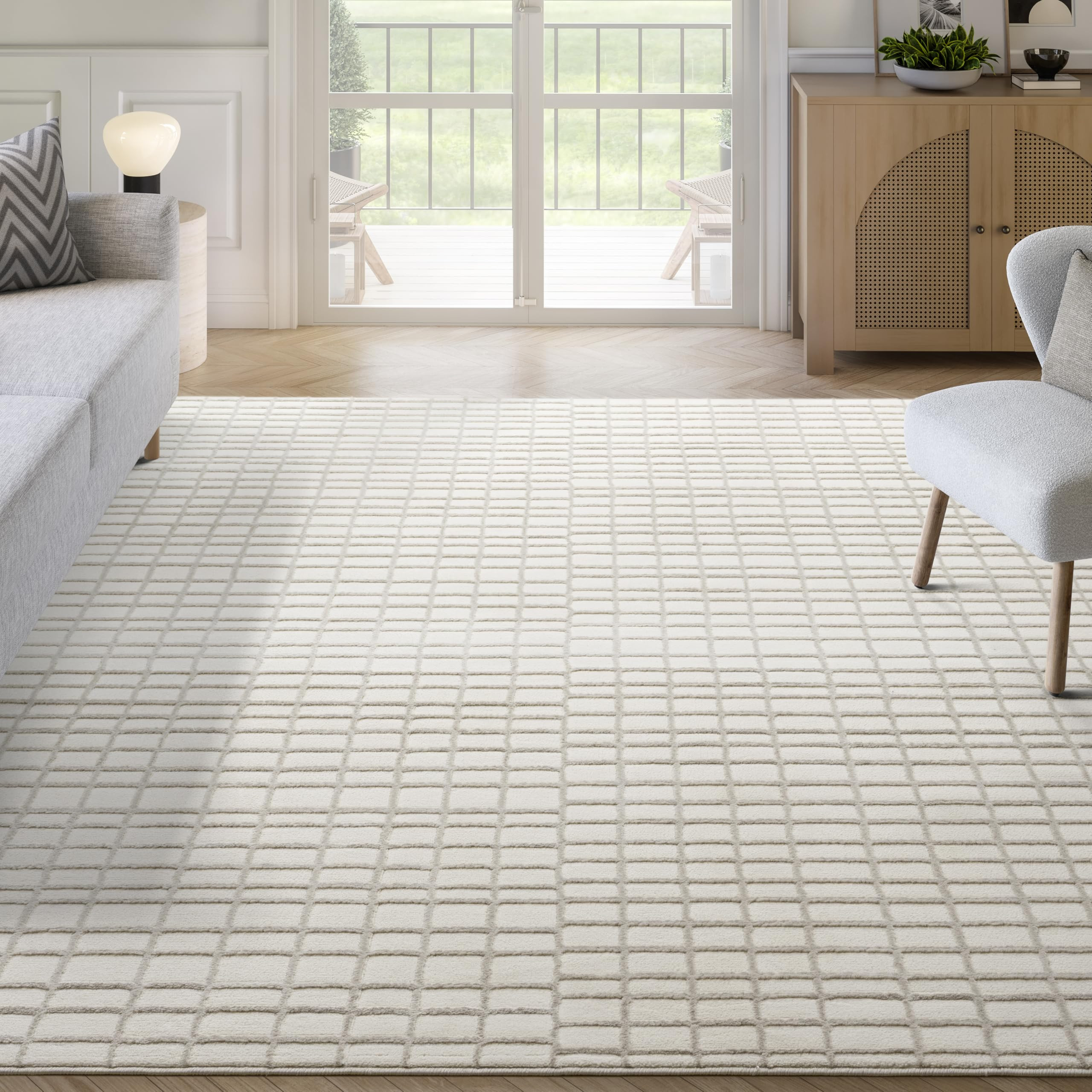 Abani Cream Grid Textured Area Rug - 8' x 10' - Chunky, Plush and Soft Washable Carpet - Perfect ... | Amazon (US)