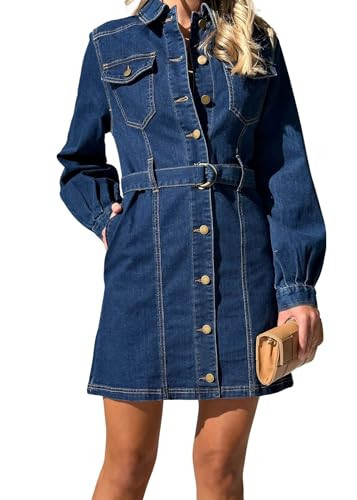 utcoco Womens Denim Dress 2025 Casual Long Sleeve Button Down Distressed Belted Jean Dress with Pockets (X-Small, Dark Blue) | Amazon (US)