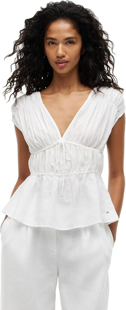 Tommy Hilfiger Women's Linen Sleeveless V-Neck Blouse with Adjustable Ties | Amazon (US)