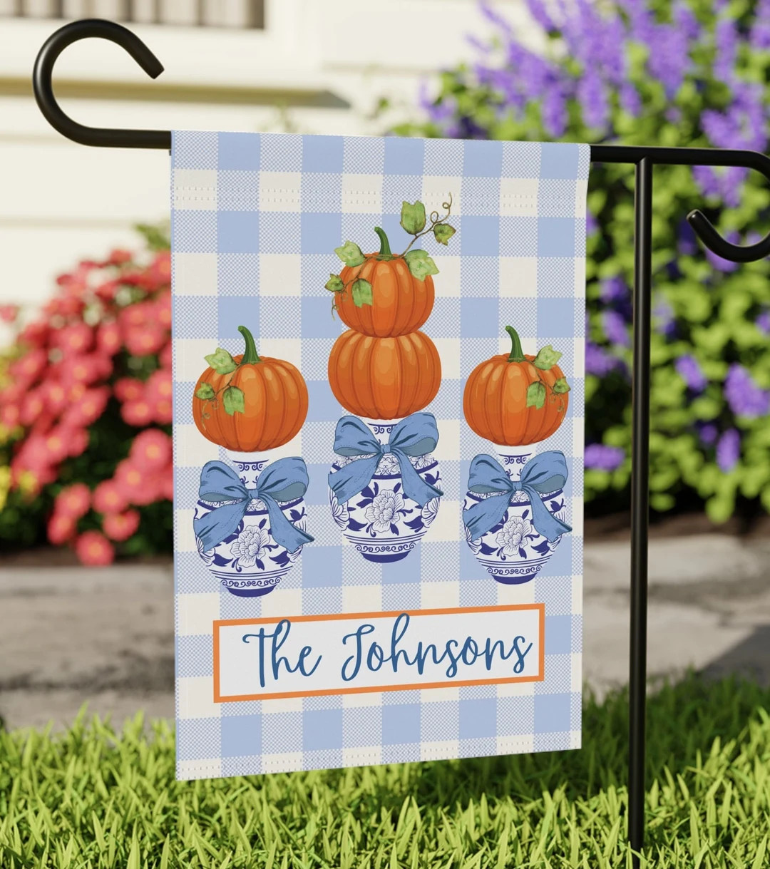 Fall Garden Flag Custom Preppy Bow Monogram Pumpkin Coquette Flag Yard Art Autumn Chinoiserie Jar... | Etsy (US)