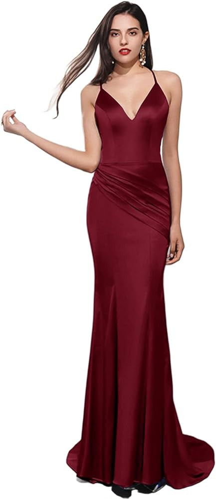 LVNES Sexy V Neck Silky Satin Prom Dress for Women Spaghetti Straps Ruched Formal Evening Maxi Dr... | Amazon (US)