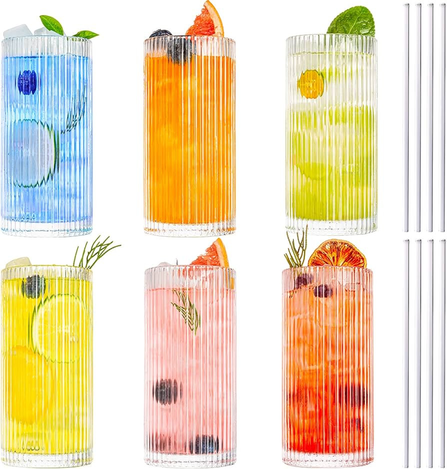 Claplante Drinking Glasses, Origami Style 6 pcs Glass Cups with straw, 12oz Highball Glasses, Ele... | Amazon (US)