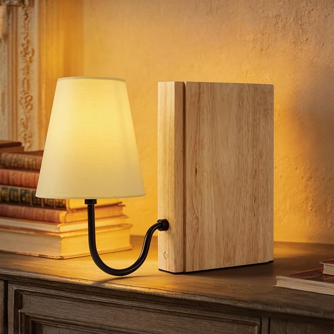 AELS Wooden Bookshelf Lamp with Bulb, Cordless Touch Dimmable Table Lamp with Linen Fabric Shade,... | Amazon (US)