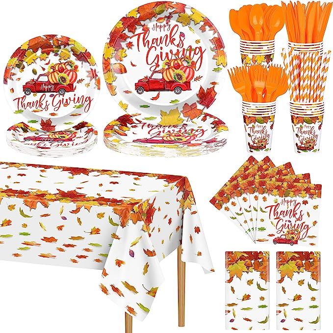 Amazon.com: ADXCO 242 Pieces Thanksgiving Tableware Set Disposable Dinnerware Set Include Plate, ... | Amazon (US)