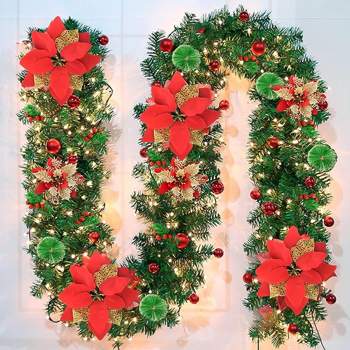 Pre-lit Artificial Christmas Garland, Green Rattan with Red Flower Decorations and Battery Operat... | Amazon (US)