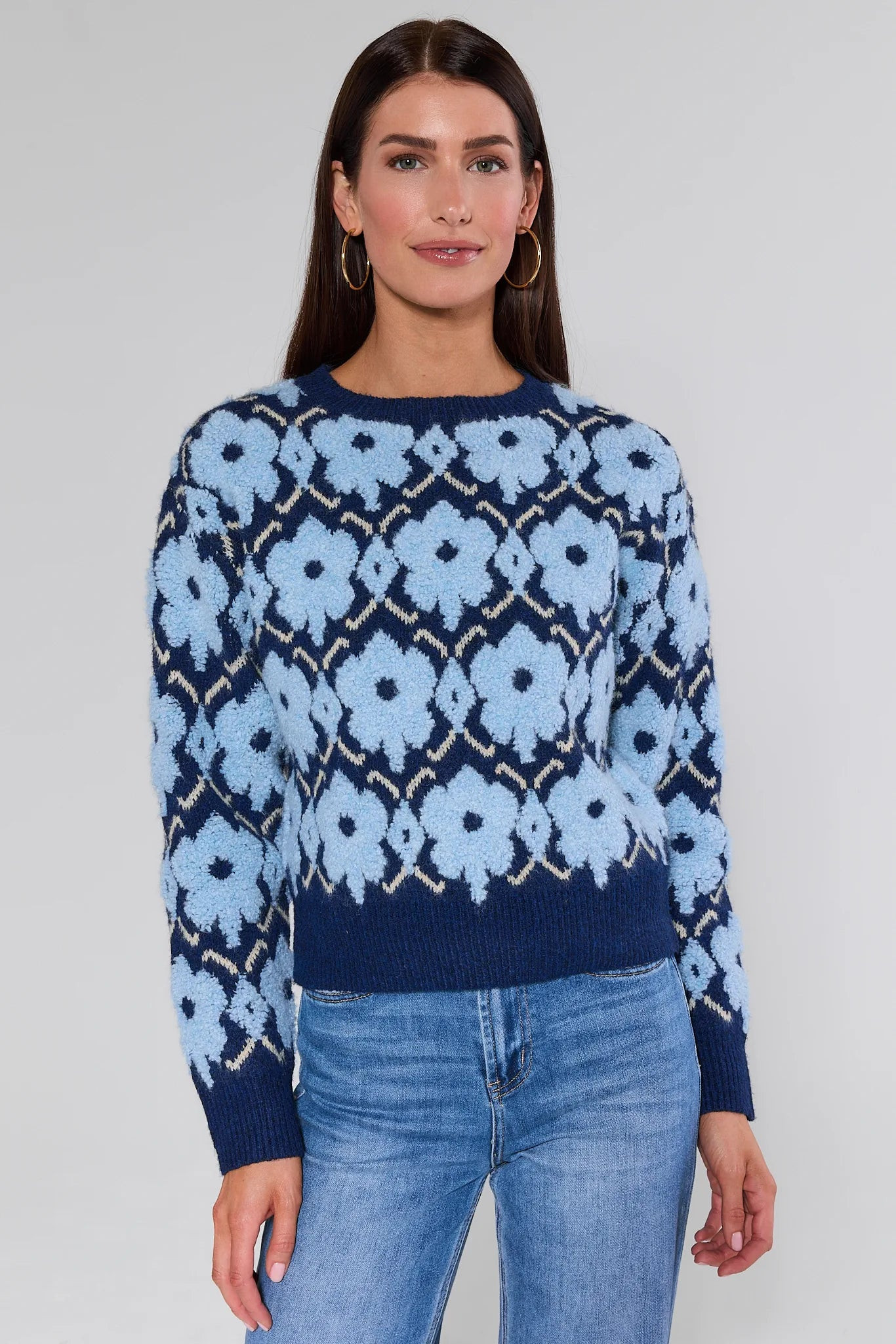 Brynn Blue Floral Knit Sweater | Avara