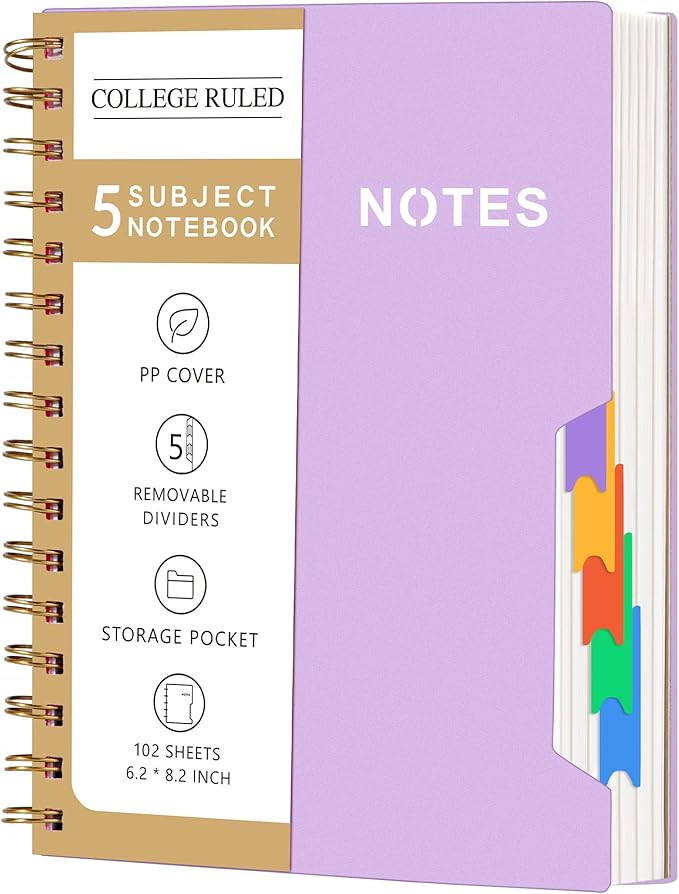 CAGIE 5 Subject Notebook College Ruled 6'' x 8'' Hardcover Spiral Lined Notebook with 5 Removable... | Amazon (US)