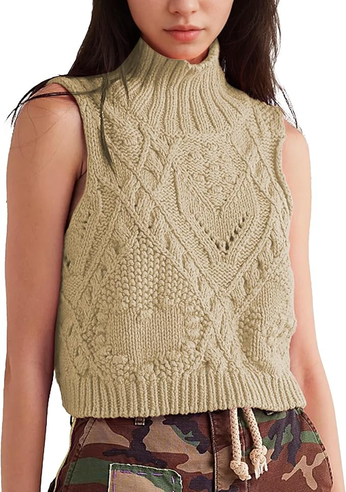 Hixiaohe Turtleneck Crochet Sweater Vest Fall Fashion Knit Sleeveless Tank Tops for Women Lightwe... | Amazon (US)